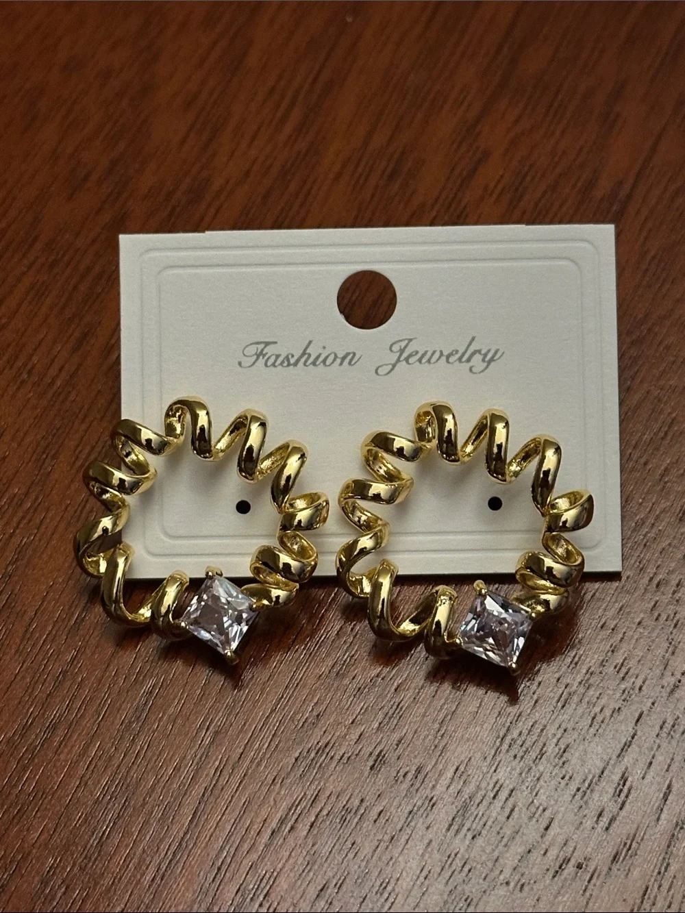 Fashion Jewelry Gold Spiral Hoop Earrings with Clear Stone Accent